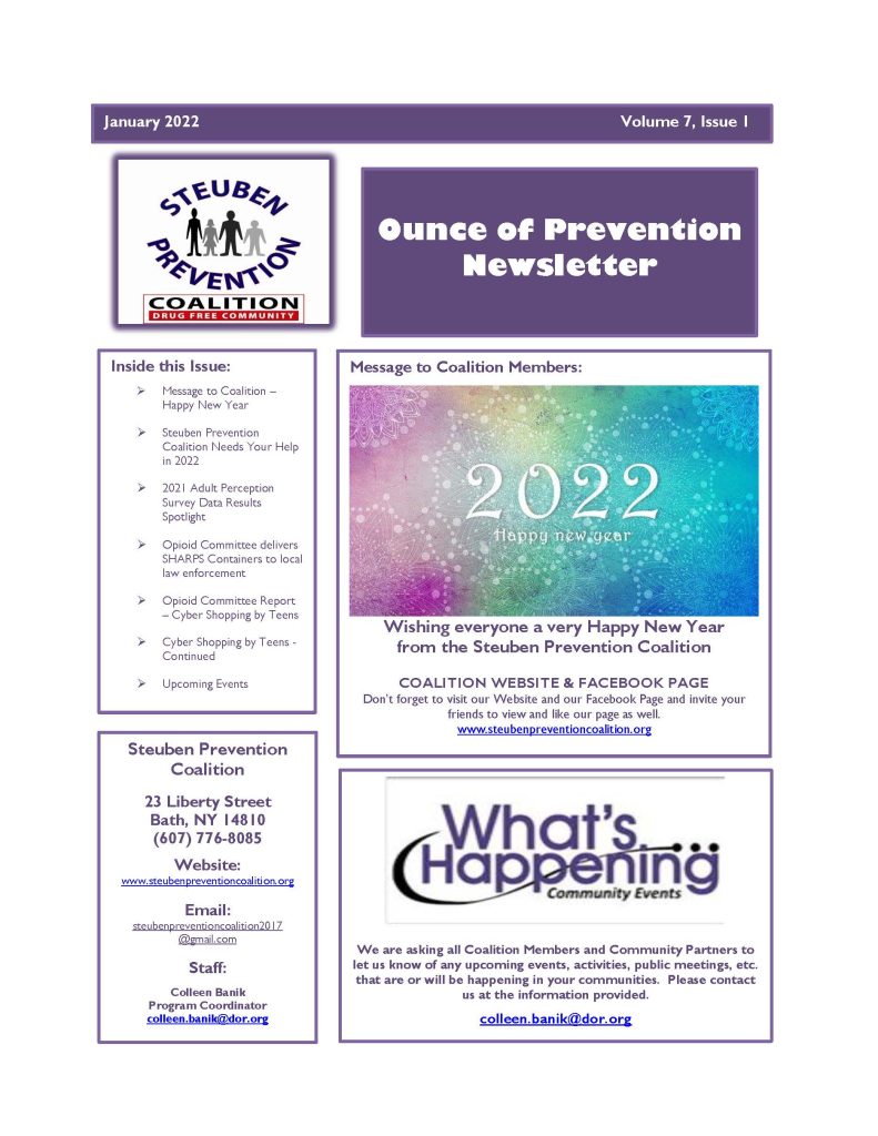 January 2022 Newsletter Page 1 791x1024 - Steuben Prevention Coalition - Ounce of Prevention (January)